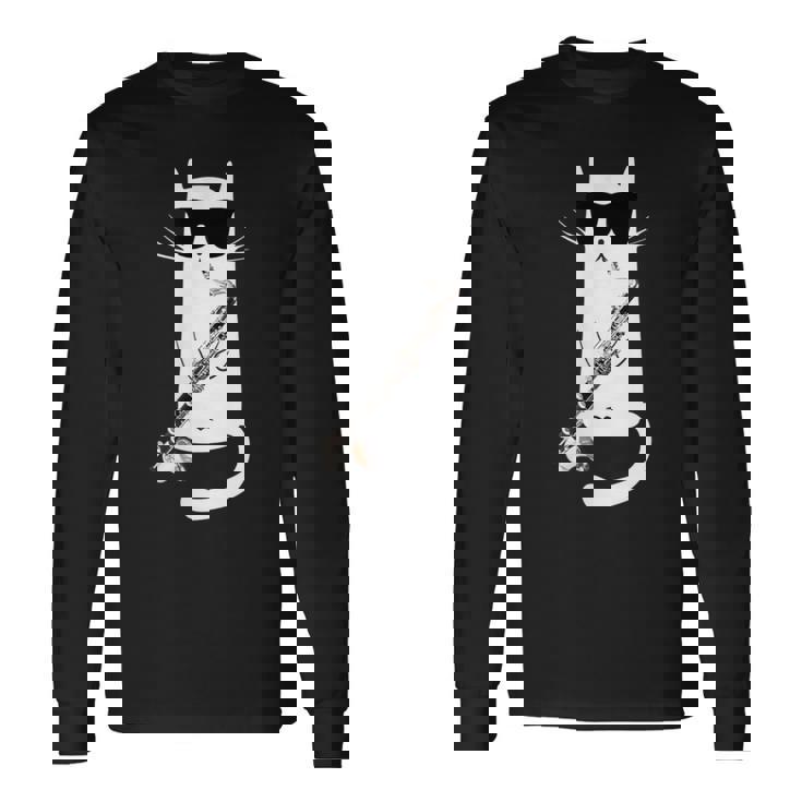 バスクラリネットを弾くサングラスをかけた面白い猫 長袖Tシャツ