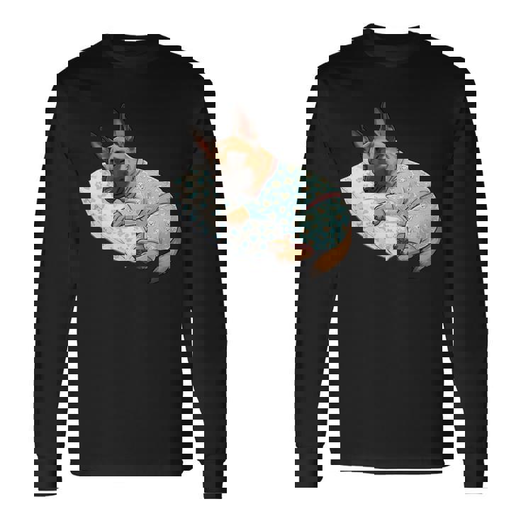 パジャマで寝ているかわいいベルギーのマリノア犬就寝アート 長袖tシャツ 長袖Tシャツ