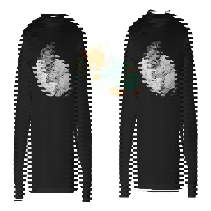 パジャマで寝ているかわいいボストンテリア犬就寝アート 長袖tシャツ 長袖Tシャツ