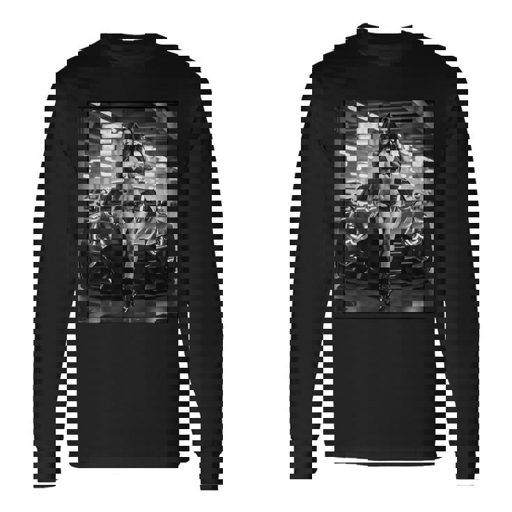 ピンナップガールtシャツ 男性用 巨乳ピンナップガール&カー B&W 長袖Tシャツ ギフトのアイデア