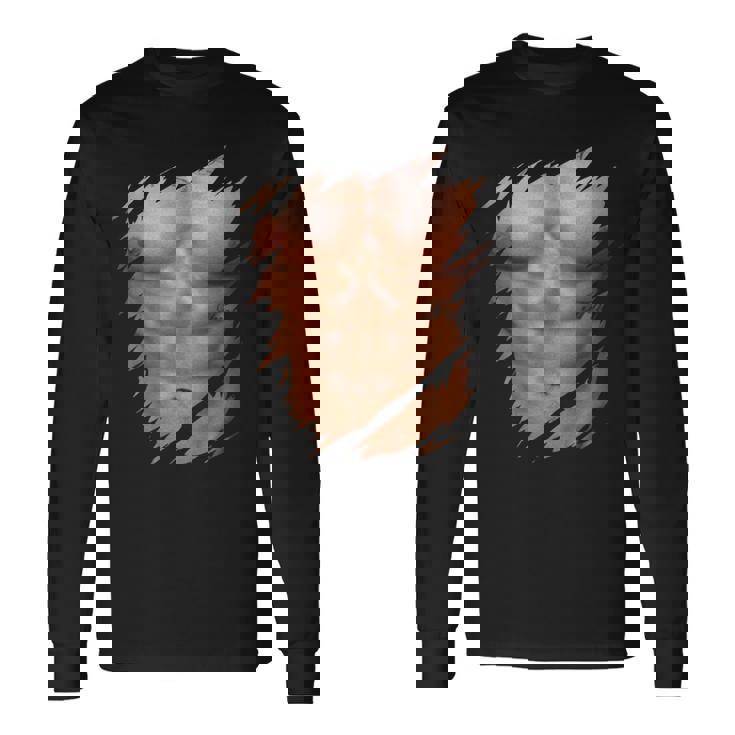 メンズ フェイク マッスル 破れた胸 腹筋 6パック 長袖Tシャツ