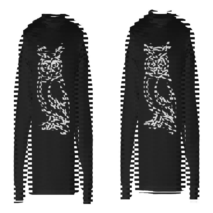 フクロウ ミニマリストバッジ パッチラインアート 長袖Tシャツ