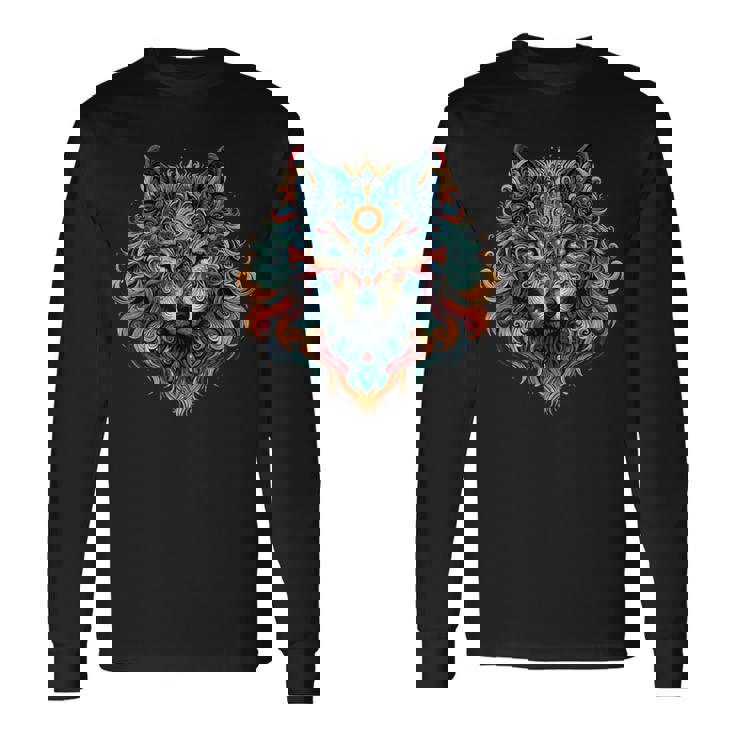 フラクタル スピリット アニマル オオカミ サイケデリック 長袖Tシャツ