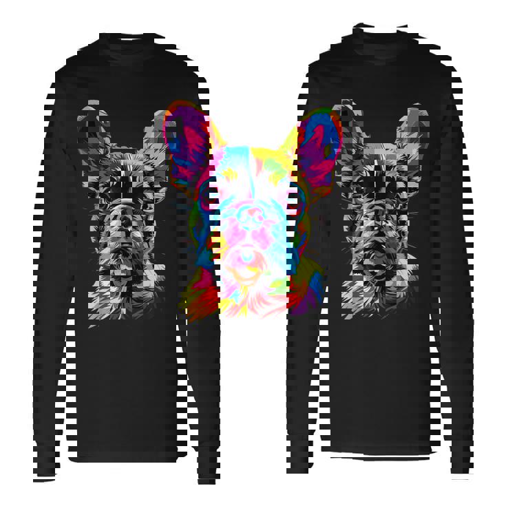 フレンチブルドッグ 犬 カラフル ポップアート レインボーカラー ブルドッグ 長袖Tシャツ