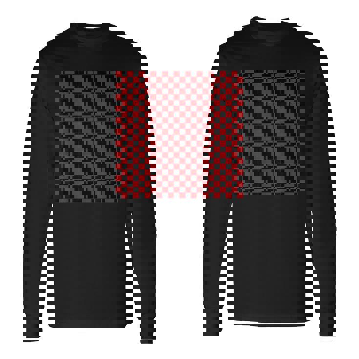 ブラック、レッド、チェッカーボードスクエアパターン、チェックデザイン。 長袖Tシャツ