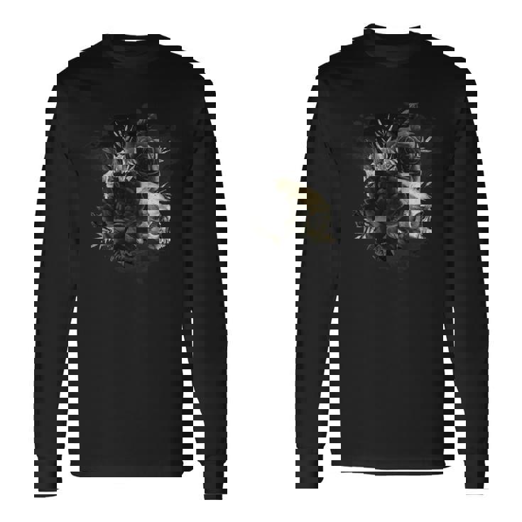 ブラックローズフラワーとスカルアート グランジスタイル 長袖tシャツ 長袖Tシャツ