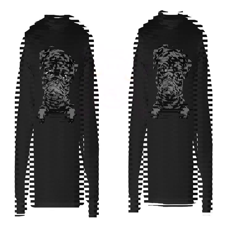 ブラック・パグ・ファニー・ピーキング・ポケット・パピー・ドッグ・ラバー 長袖tシャツ 長袖Tシャツ