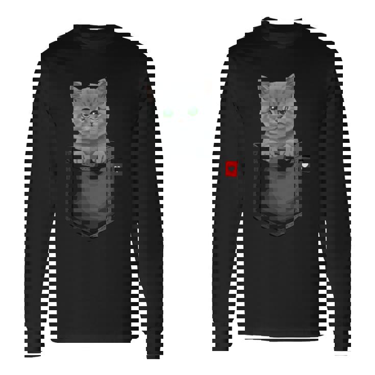 ブリティッシュショートヘア猫 ポケットの中 のぞくかわいい子猫 長袖tシャツ 長袖Tシャツ