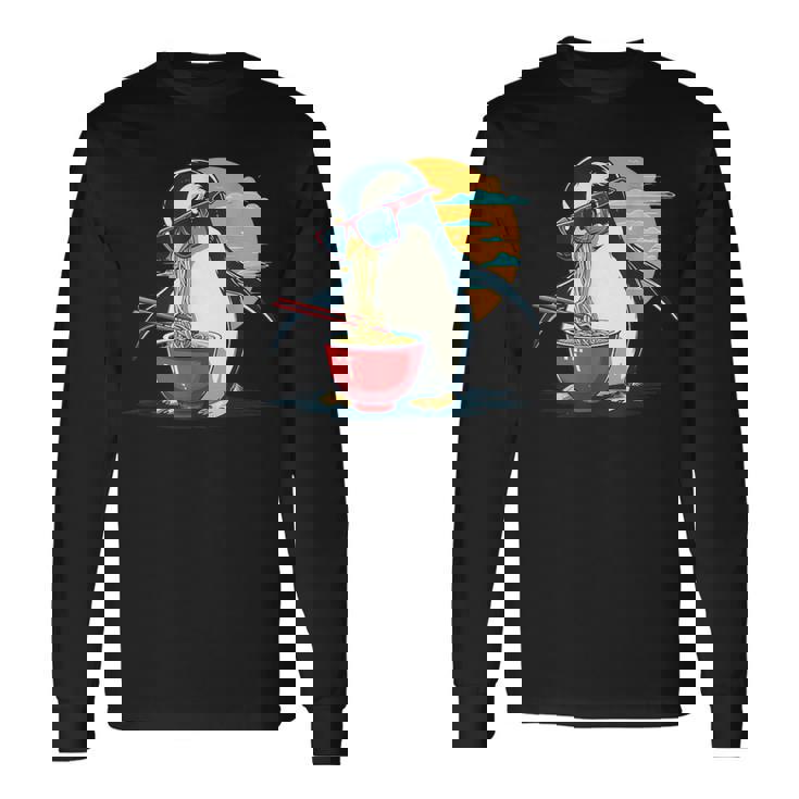 ペンギン食べる ラーメン サングラス アートワーク 和麺 長袖Tシャツ