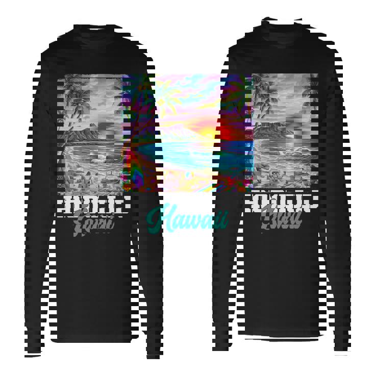 ホノルル ハワイ ハワイアン 波 ビーチ 夏 サーフィン レトロ 長袖tシャツ 長袖Tシャツ