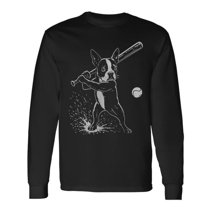 ボストンテリア 野球 スポーツ 犬好き 長袖Tシャツ