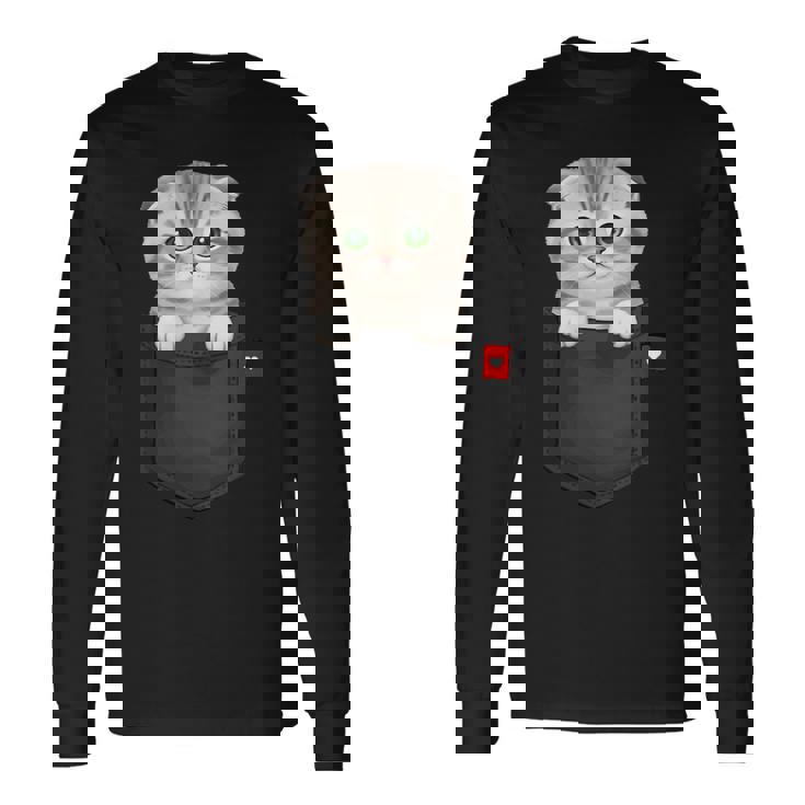ポケットに入ったスコティッシュフォールド猫 のぞくかわいい子猫 長袖Tシャツ