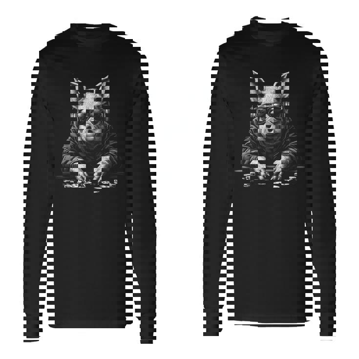 ポーカーで遊ぶ豚 面白い ブラック グラフィック 長袖Tシャツ