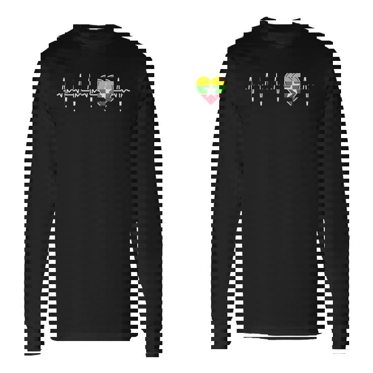 ミャンマー ハートビート ビルマ国旗とハート ラブ 家族 ビルマ 長袖Tシャツ
