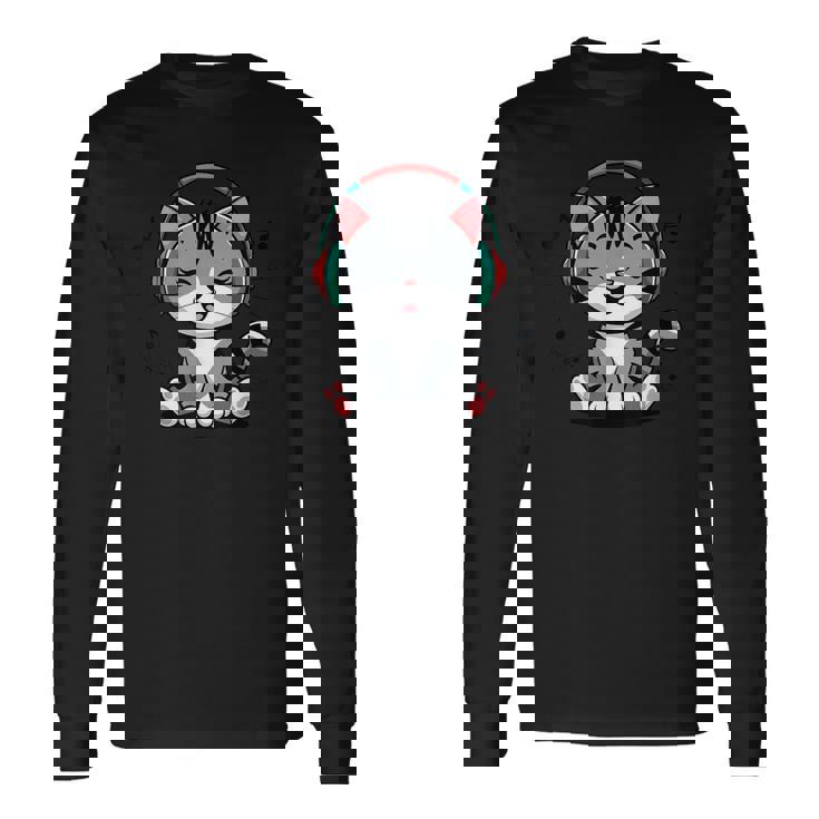 ミュージック・キャッツ ミュージシャンのための音符の衣装 ヘッドフォン猫 長袖Tシャツ