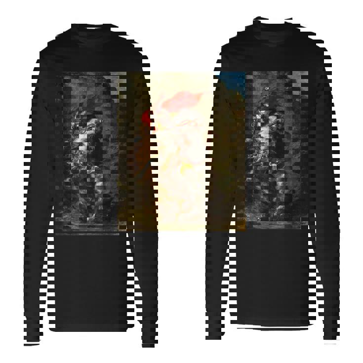 ライオンに襲われたアラブの騎手1850年ウジェーヌ・ドラクロワ 長袖Tシャツ