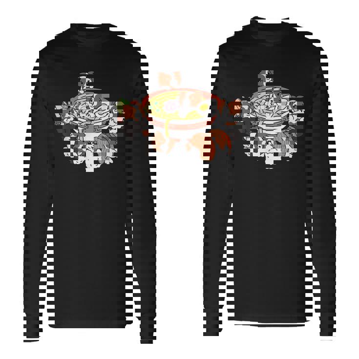 ラーメン寿司パピヨン犬 長袖Tシャツ