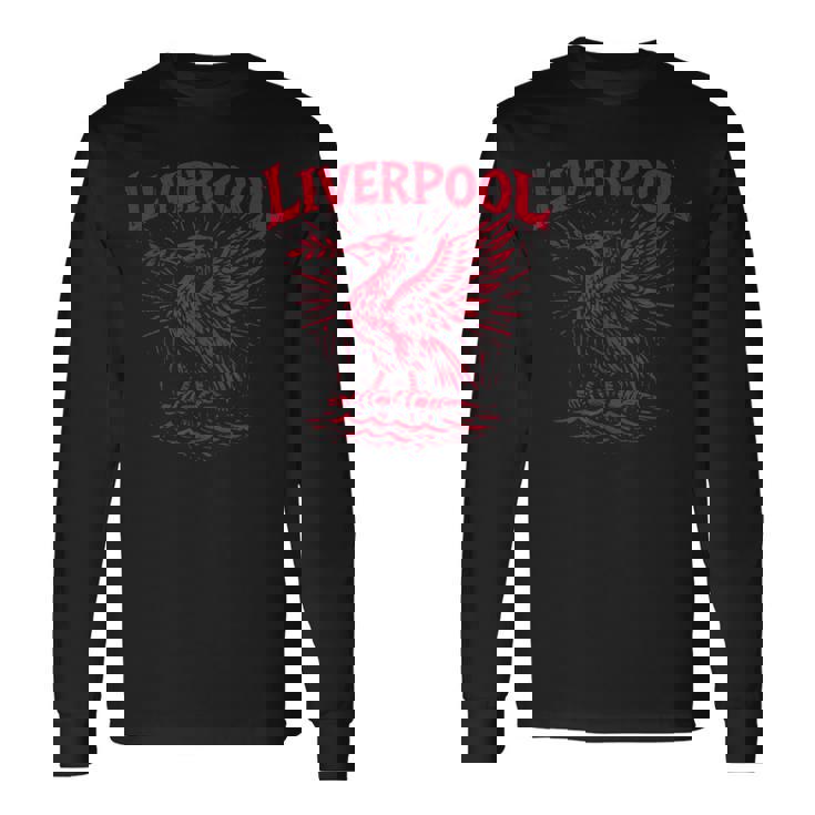 リバプール イングランド Zine インク 肝臓 鳥 レッドプリント 長袖Tシャツ