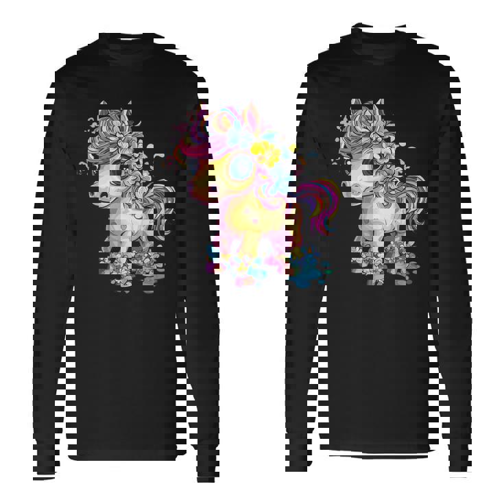 レインボーフラワーマジックのかわいいポニー。 長袖Tシャツ