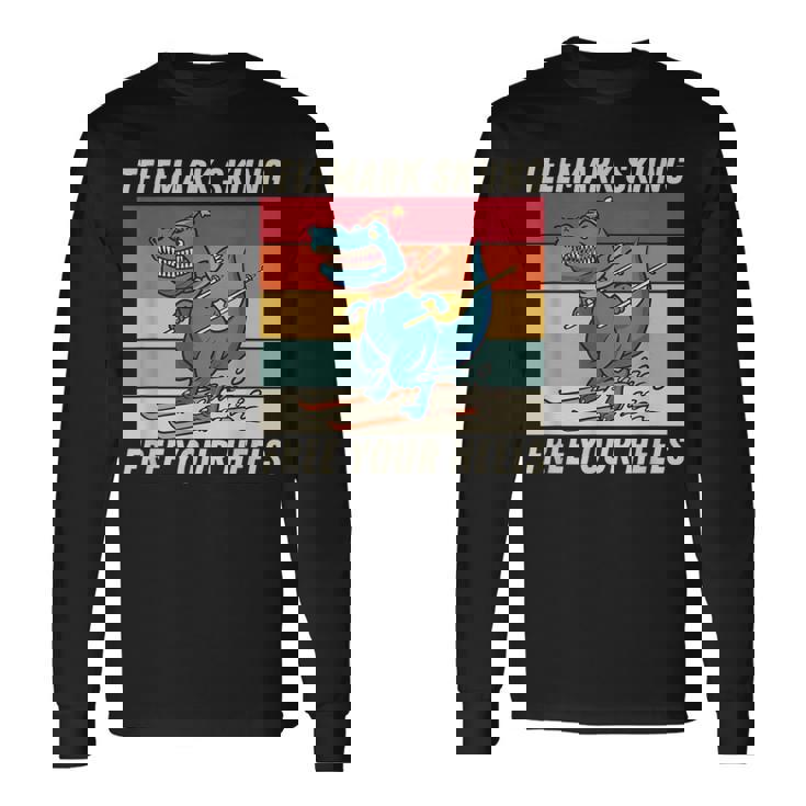 レトロ かわいい 漫画 恐竜 スキーヤー テレマーク スキー 長袖Tシャツ