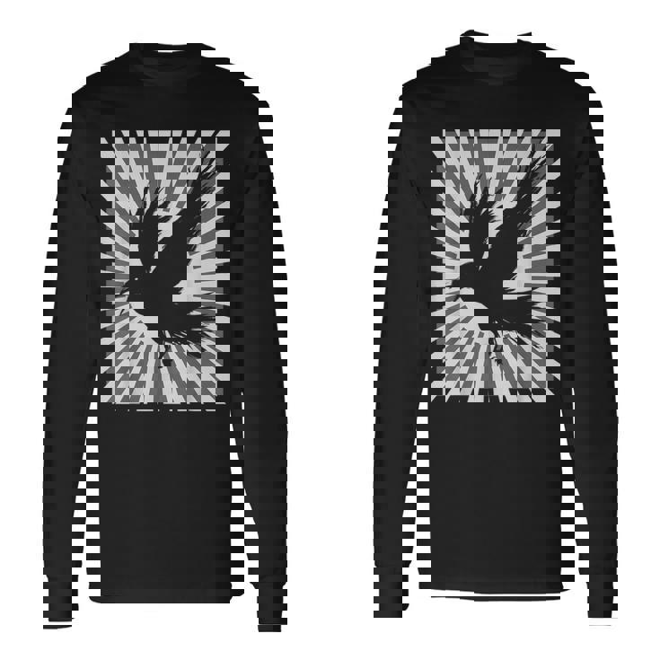 レトロなカラスの美学 日本の旭日旗 黒カラス 長袖Tシャツ