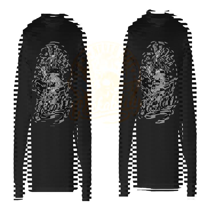 ロカビリーネバーダイスカルバーバーロッカー美容師 長袖Tシャツ