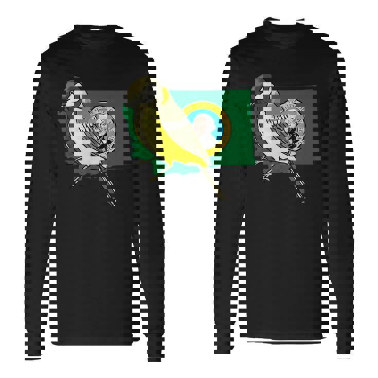 ワシントン州旗 ゴールドフィンチ 鳥 長袖Tシャツ
