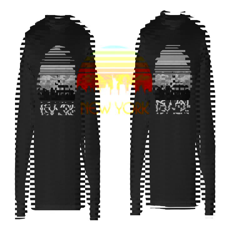 ヴィンテージ レトロ サンセット ダウンタウン ニューヨーク スカイライン 長袖Tシャツ