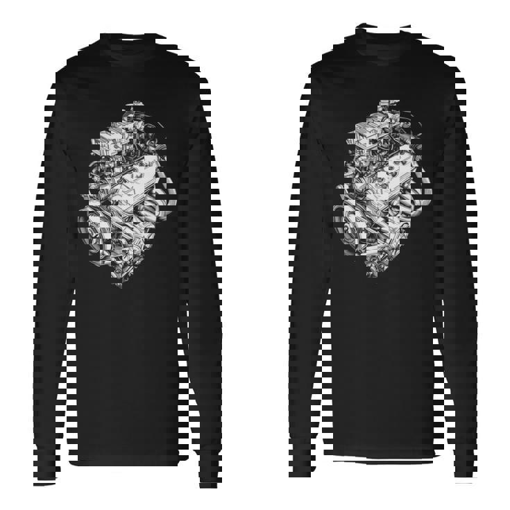 ヴィンテージカーエンジンコンポーネント 青写真 図 メンズグラフィック 長袖tシャツ 長袖Tシャツ