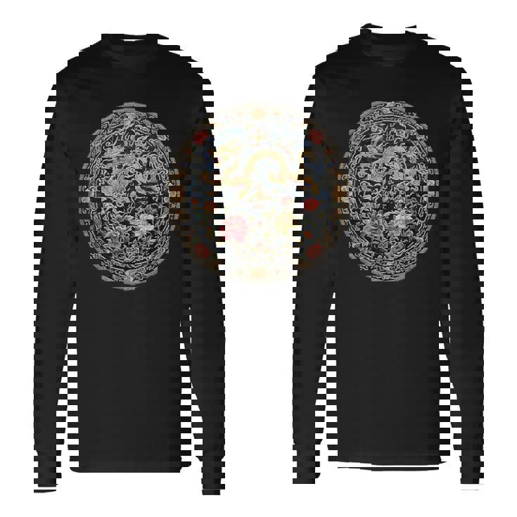 中国刺繍柄 龍 竜 ドラゴン 中国 清朝 ドラマ 牡丹 長袖Tシャツ ギフトのアイデア