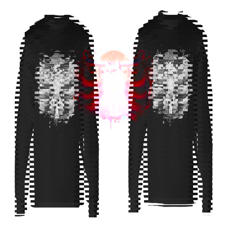 九尾狐 きつねと鳥居門 長袖Tシャツ