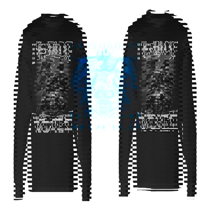 女が怖い狼アルファ・ウルフ・ミーム・クリンジ・ビアード 長袖Tシャツ