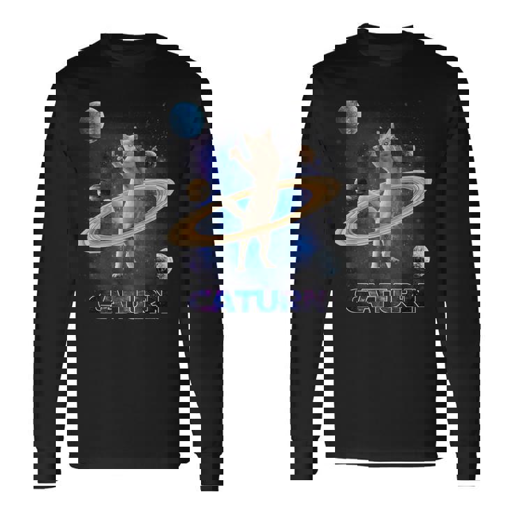 宇宙の土星猫土星ギャラクシー面白い子猫猫の恋人 長袖Tシャツ