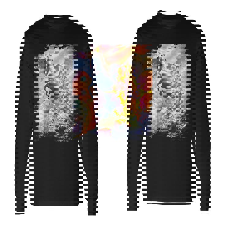 宇宙の銀河猫とユニコーン ペガサス 長袖Tシャツ