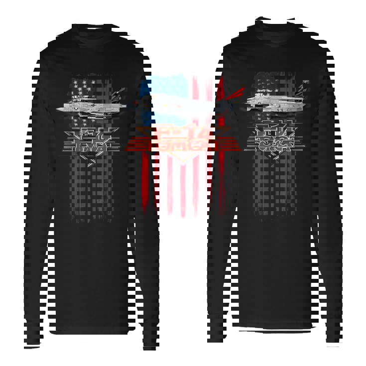 愛国的な海軍 F-14 トムキャットとアメリカ国旗 長袖Tシャツ