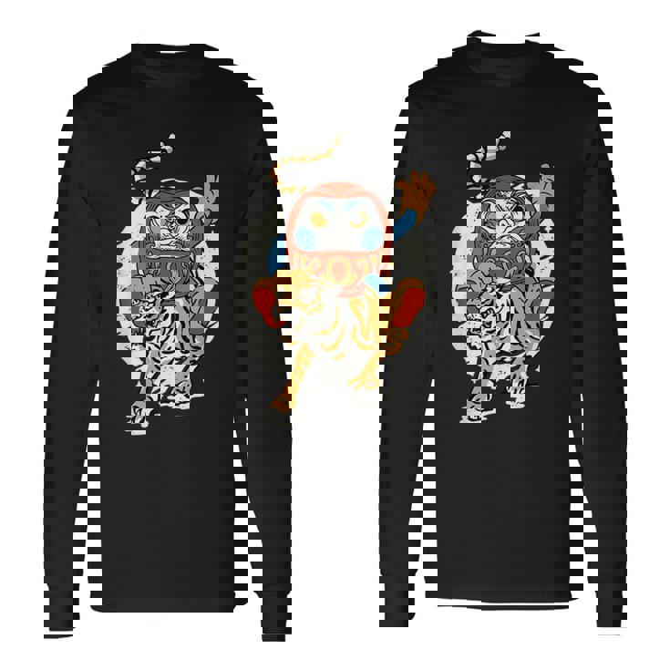 日本のトラ ラッキーだるま人形 日本の伝統 長袖Tシャツ