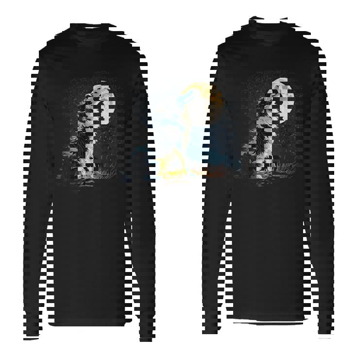 月に吠える美しいボーダーコリー犬 長袖Tシャツ