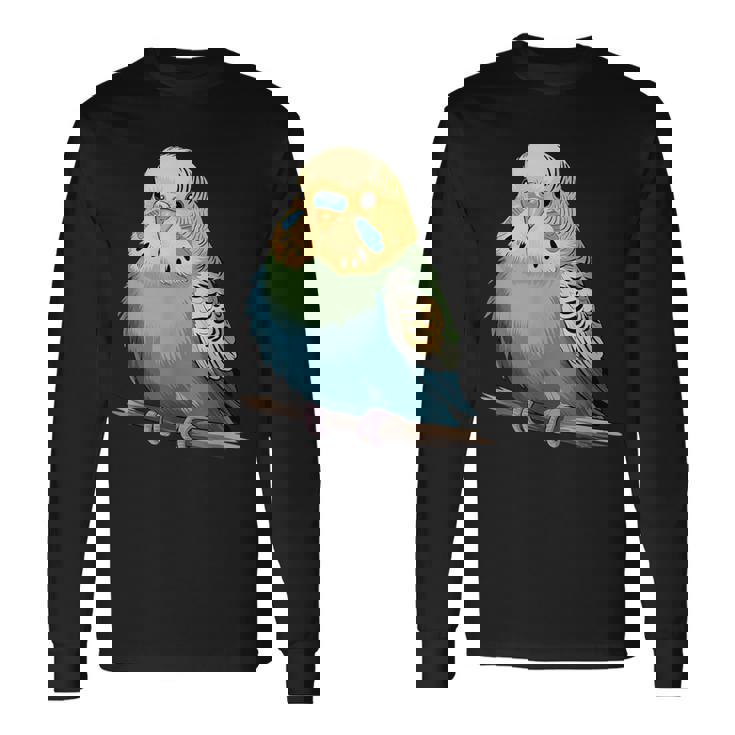 枝に腰掛けたチャーミングなセキセイインコ 長袖Tシャツ