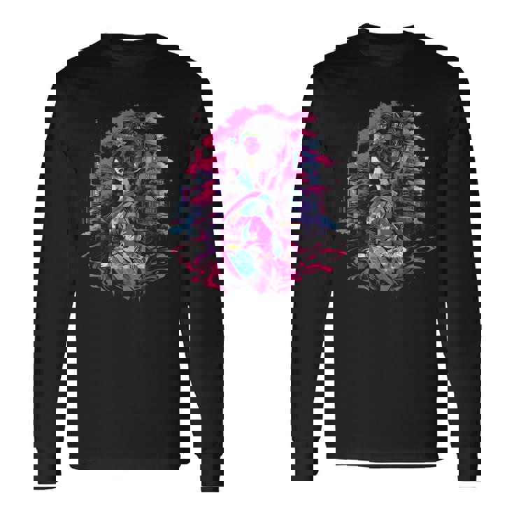 桜と芸者、サイバーパンク・イラストレーション 長袖Tシャツ ギフトのアイデア