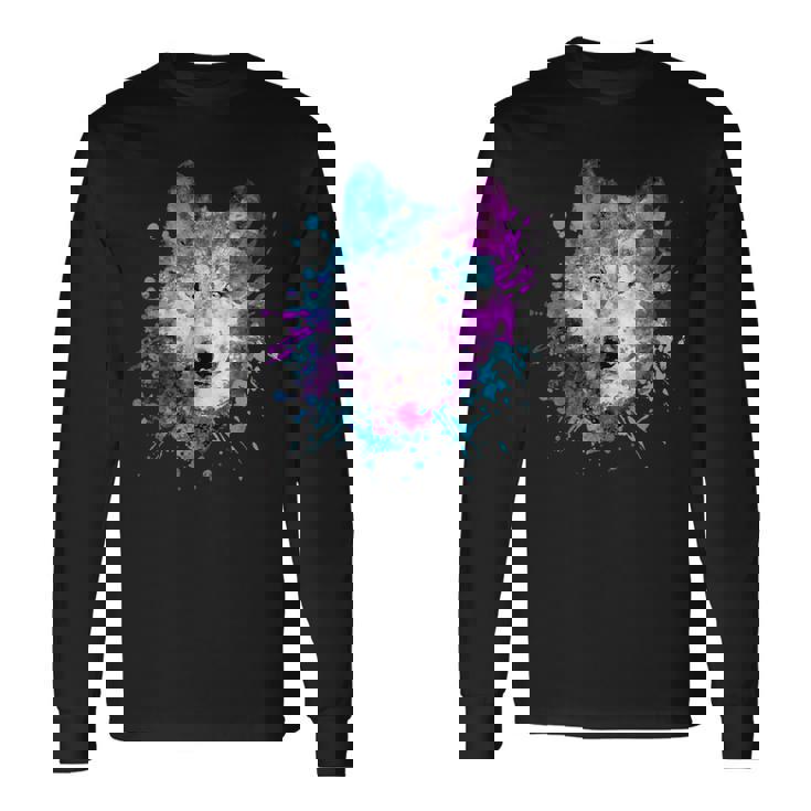 水彩 狼 頭 カラフル オオカミ 贈り物 長袖Tシャツ