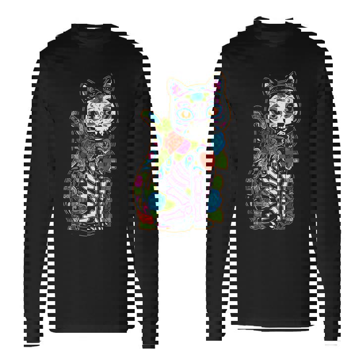 猫 シュガー スカル メキシコ カラベラ 死者の日 ハロウィン 長袖Tシャツ