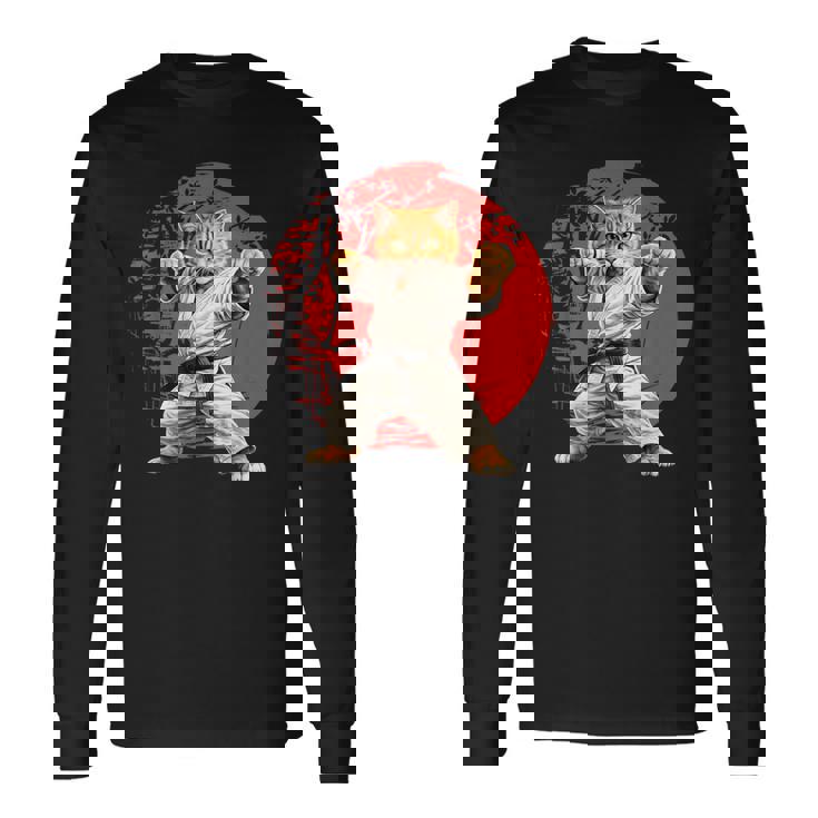 猫 空手 柔道 日本 日没 面白い 空手 猫 長袖Tシャツ