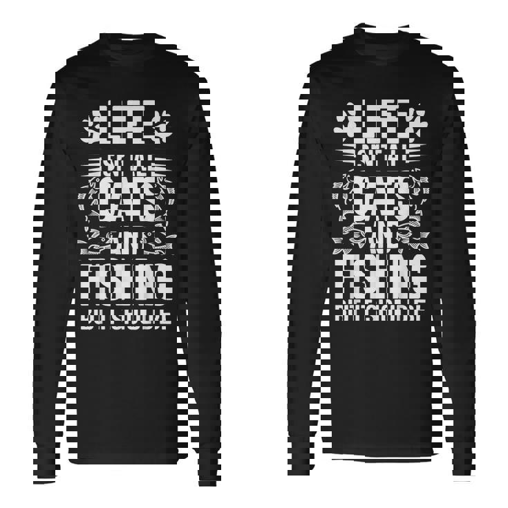 猫と釣り漁師 おもしろ釣り 長袖Tシャツ