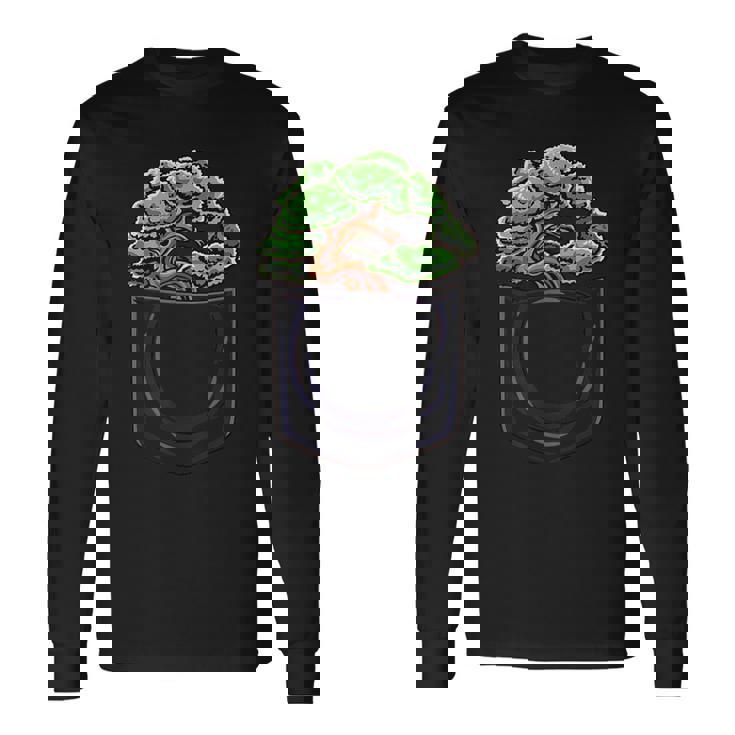 盆栽 木 膨らみポケット 面白いデザイン 盆栽 長袖Tシャツ