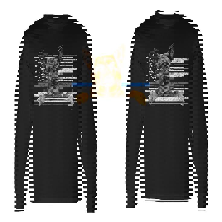 細いブルーライン K9 ジャーマンシェパード 犬 警察官 長袖Tシャツ