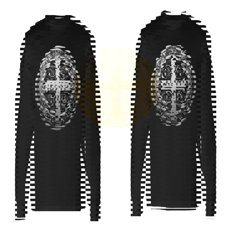 聖ベネディクトメダル 聖ベネディクトクロス カトリック クリスチャン 長袖Tシャツ