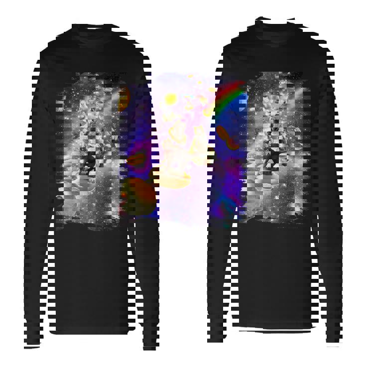 虹銀河のホットドッグに乗る宇宙の猫 長袖Tシャツ