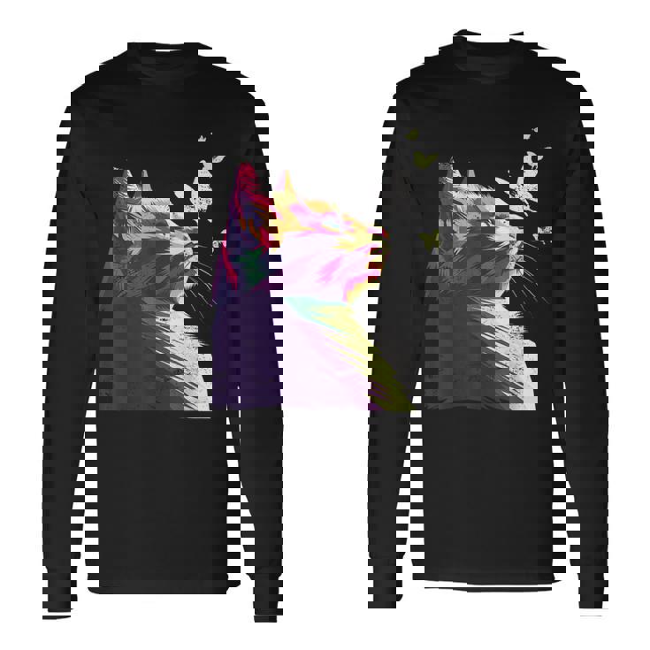 蝶と美しいカラフルな猫、パープル 長袖Tシャツ ギフトのアイデア