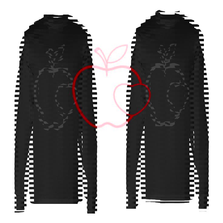 赤い りんご ハート ラインアート かわいい シンプル デザイン 長袖Tシャツ