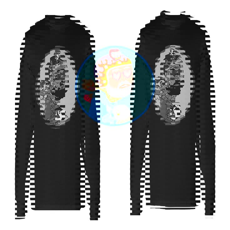 赤ちゃんをおんぶしたファンキー男 ハート型のサングラス ミニダルマ ヒゲ ファイヤーパターンのヘルメット 長袖Tシャツ